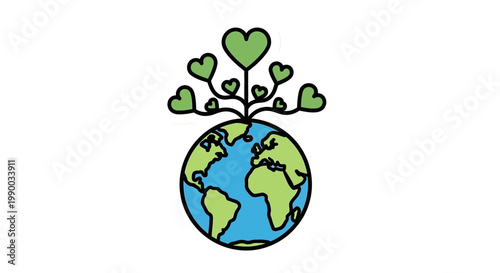 Green hearts growing from planet earth illustration, symbolizing environmental care and love