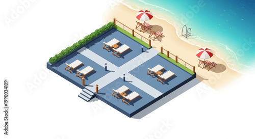 Isometric illustration of a beachside resort featuring lounge chairs under umbrellas on both a paved patio and sandy shore, presenting a tranquil vacation scene with clean lines and bright