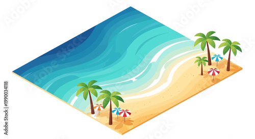 Isometric illustration displaying a vibrant ocean meeting a sandy beach, complete with palm trees and colorful umbrellas, set against a clean white background with a refreshing and tropical