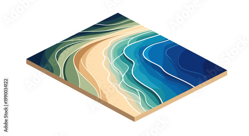 Isometric shot of an abstract beach scene with flowing, curved lines in shades of blue, green, and beige, conveying a serene and calming mood, set against a clean white background