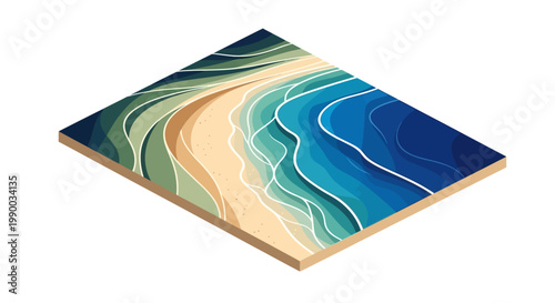 Isometric vector illustration of an abstract beach scene with blue ocean waters and sandy shorelines, created with smooth, flowing lines and a bright, gradient color palette on a clean