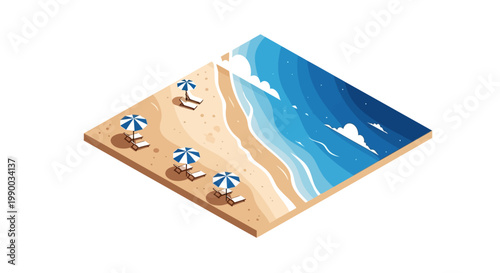 Isometric illustration showing a sandy beach with blue and white striped umbrellas and sun loungers next to a wavy ocean under a bright sky, creating a tranquil and inviting coastal vista