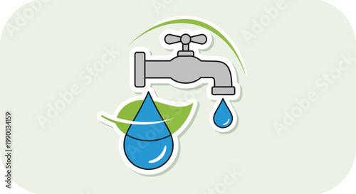 Water conservation icon: faucet dripping water, leaf, green arch, eco-friendly symbol.