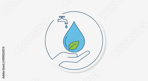 Water drop with leaf in hand, tap and circle, conservation concept icon