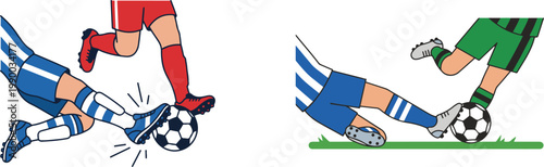 Illustration of soccer players colliding and tackling for possession of the ball, emphasizing intense competition, contact, and dynamic gameplay.