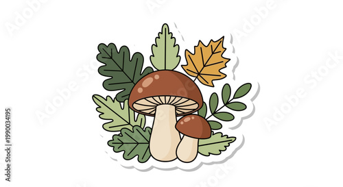 Autumn Mushroom and Leaves Sticker - Forest Fungi Illustration