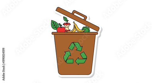 Brown compost bin overflowing with fresh fruits and vegetables, recycling symbol