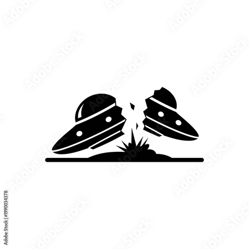 A dramatic illustration of two UFOs crashing into each other in a fiery explosion
