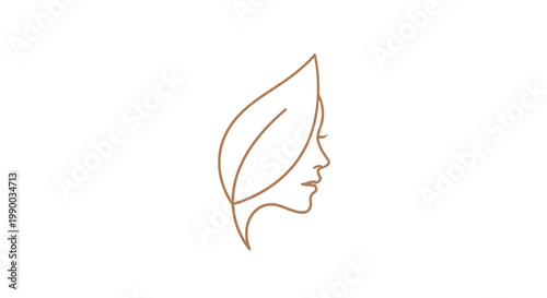 Minimalist and elegant line art design combining a woman's facial profile with a lush leaf, embodying natural beauty, botanical elements, and a sense of organic well-being