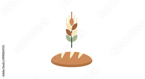 Stylized illustration depicting a wholesome wheat stalk standing above a rustic artisan bread loaf, symbolizing natural ingredients and baking for various food-related designs