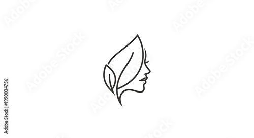 Minimalist line art illustration of a woman's profile with leaves integrated into her hair, symbolizing nature and beauty