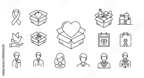 Collection of charity and care icons illustrating kindness, giving, and community support.