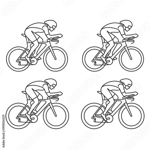 Collection of three identical minimalist line art triathlete cycling illustrations