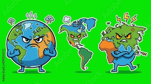 Angry Earth Globe and Continents with Furious Facial Expressions Depicted.