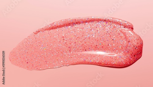 Clear lip gloss with holographic shimmer. Blurred makeup sample.