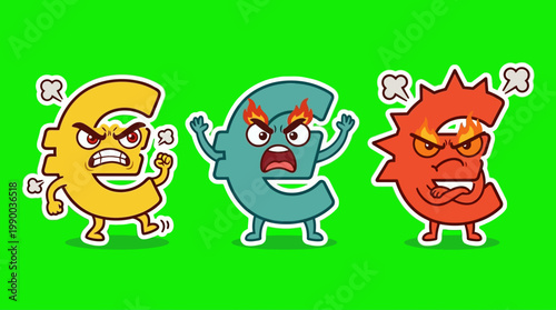 Angry Euro Currency Symbols Expressing Frustration and Displeasure on Green Background.