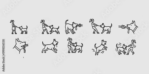 icon sheet collection of owner playing tug of war with dog, puppy training sessions, canine behavioral exercise, and domestic pet bonding activities.