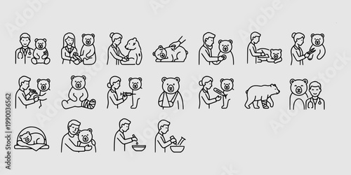 icon sheet collection of veterinarian examining teddy bear, toy hospital, pediatric medical care concept, animal surgery, and child plush toy healing.
