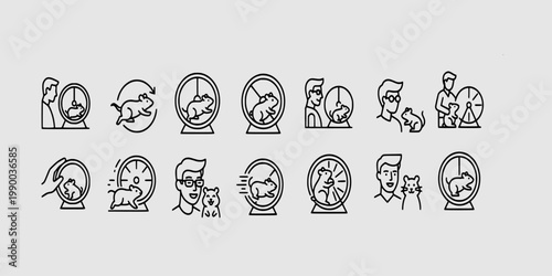 icon sheet collection of hamster running on wheel, small rodent exercise, pet owner interaction, and domestic laboratory mouse behavioral study icons.