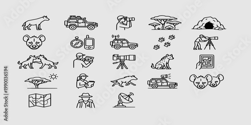 icon sheet collection of hyena wildlife research, savanna expedition vehicle, ecological field study, animal tracking, and african wilderness exploration tools and maps
