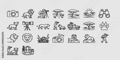 icon sheet collection of lion safari adventure, wildlife photography, savanna landscape, king of jungle, and professional nature explorer equipment and tools.