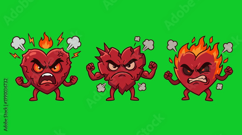 Angry Heart Cartoon Characters Displaying Intense Frustration and Rage.
