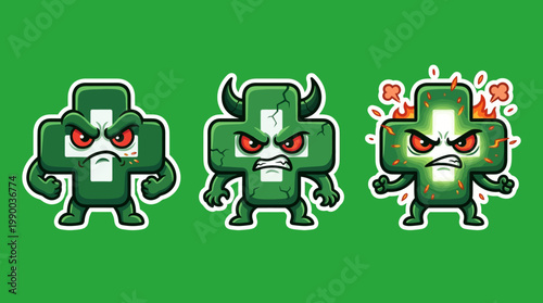 Angry Medical Cross Characters Displaying Different Emotions and Expressions.