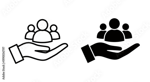 Graphic icons showing hands supporting a group of people in community care and protection.
