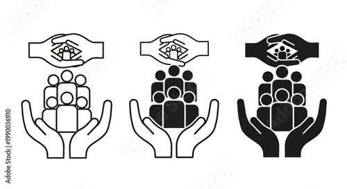 Three Variants of Hands Supporting a Central Group Symbolizing Care and Community.