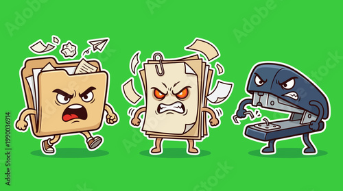 Angry Office Supplies - Folder, Paper, and Stapler with Furious Expressions.