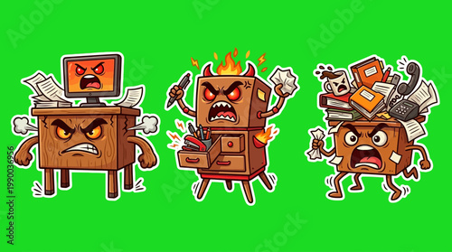 Angry Office Desk Cartoon Characters with Fiery Expressions and Emotions.