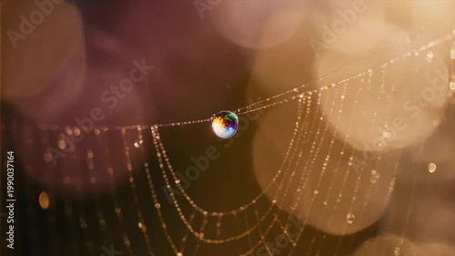 朝露の光彩分散・スパイダーウェブ上のプリズム水滴マクロ映像