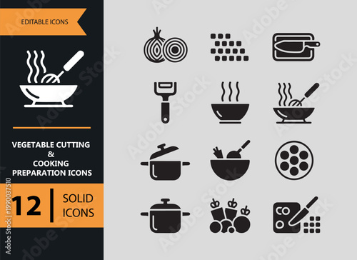 Vegetable Cooking Preparation Solid Icons Kitchen Food Process Tools Set