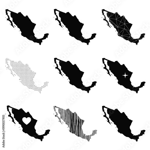 Collection of nine different black mexico map silhouettes with various styles