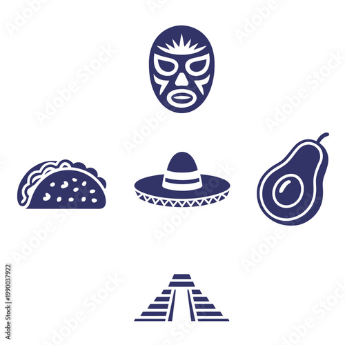Collection of blue and white mexican cultural icons