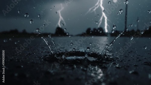 熱帯嵐の雨粒がアスファルト路面を叩く極限マクロ映像