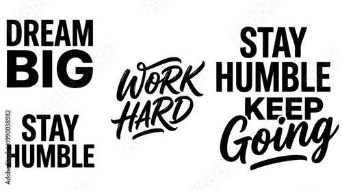 Motivational typography vector graphic set featuring powerful success slogans and inspirational text phrases for modern business branding and creative projects