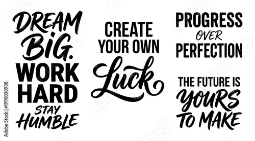 Inspiring motivational quotes collection featuring creative typography lettering designs for business branding projects or positive lifestyle poster wall art decorations