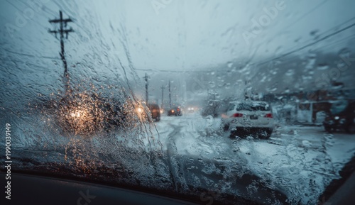Ice and snow covering a car windshield during a blustery winter storm with blurred moving vehicles in the background