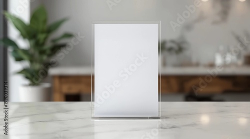 vertical blank menu or flyer stand on a marble countertop, modern indoor cafe or bar background