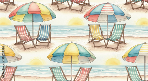 Watercolor Beach Umbrella and Deck Chair Seamless Summer Coastal Pattern Background