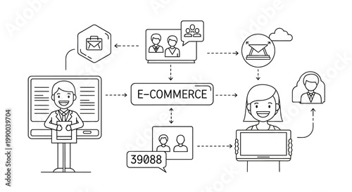 E-commerce, online shopping, digital marketing, business icons, vector graphics, 8 elements, black and white illustrations