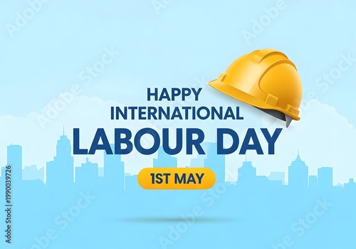 International Labour Day greeting with yellow hard hat and blue city silhouette.