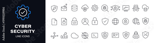 Cyber security line icons set featuring minimal vector symbols, modern outline style, and clean design. Perfect for apps, UI design, web security projects, tech interfaces, and digital branding.	
