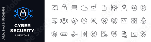 Cyber security line icons set featuring minimal vector symbols, modern outline style, and clean design. Perfect for apps, UI design, web security projects, tech interfaces, and digital branding.	
