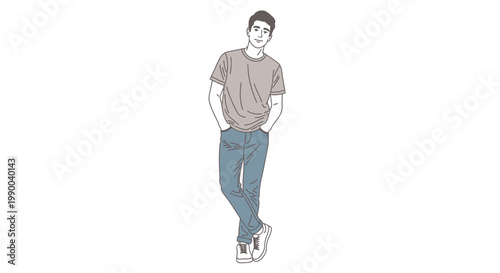 A casual illustration of a young man standing with hands in pockets.