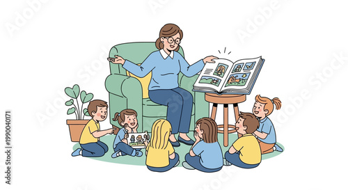 Teacher reads a storybook to attentive children in a classroom.