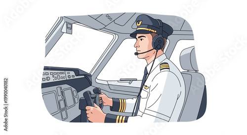 Professional airline pilot in uniform sitting in cockpit and flying plane