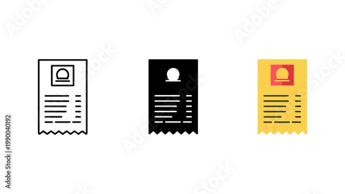A detailed receipt or bill icon, featuring lines of text, is presented in three distinct graphic styles.
