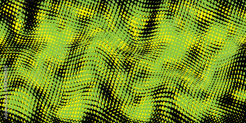 Abstract Yellow and Green Wavy Halftone Pattern on Black Background
